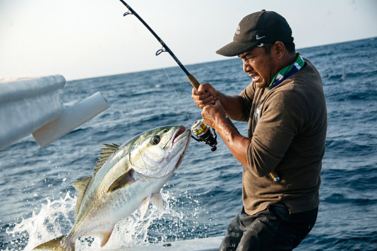 Angler landing a large fish leaping from the water on Mafia Island